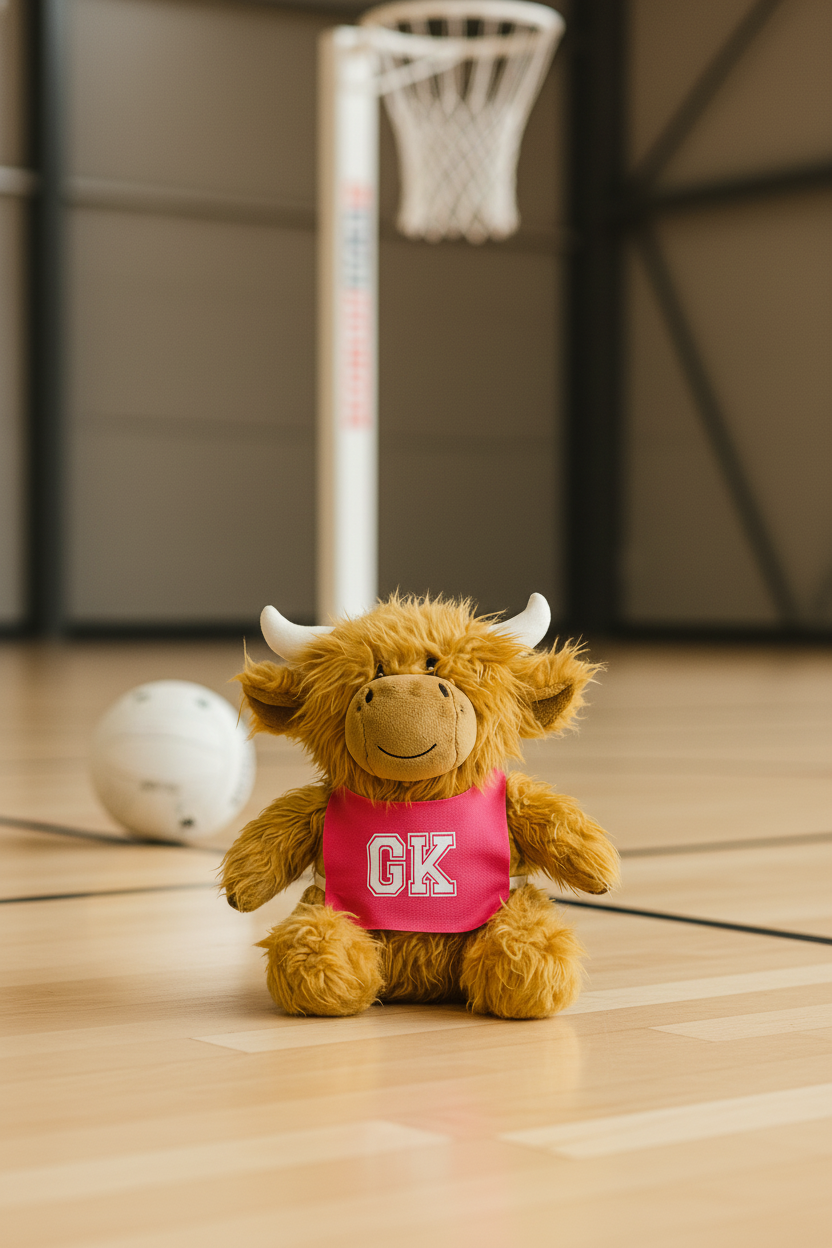 Nettie The Highland Coo with netball equipment